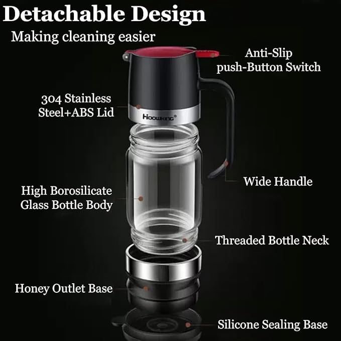 Honey Dispenser No Drip with Base, 12oz Glass Honey Dispenser with Handle, Pressure Design for Quantitative Honey Extraction Syrup and Jam (Black)