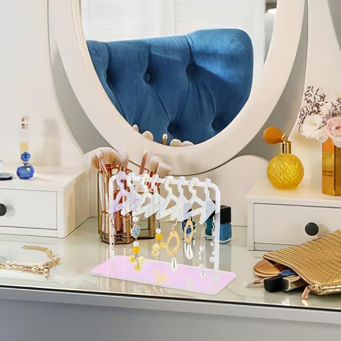 PH PandaHall 32 Holes Earring Hanger Stands Acrylic Earring Holder Rack with Mini Hangers Earring Display Earring Closet Ear Stud Organizer for Retail Personal Exhibition, Iridescent Clear Blue Mixed