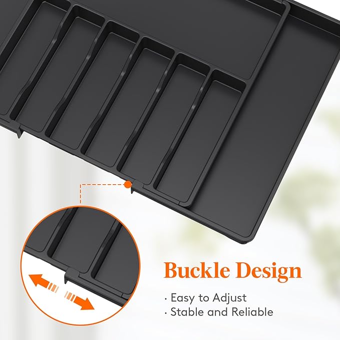 Lifewit Silverware Drawer Organizer, Expandable Utensil Tray for Kitchen, BPA Free Flatware and Cutlery Holder, Adjustable Plastic Storage for Spoons Forks Knives, 18- 33 x 18.5", Black