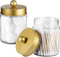 Amolliar Qtip Holder Dispenser -8oz Plastic Apothecary Jar Containers for Vanity Makeup Countertop Organizer Storage -Bathroom Canister Accessories Set for Cotton Swab, Ball, Pads, Floss-Gold (2)