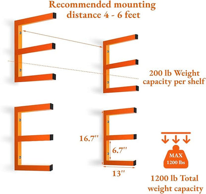 MOOMSINE Lumber Storage Rack Wall Mounted, 6-Level Holds Up 1200 Lbs Heavy Duty Wood Organizer, Metal Shelf for Shed, Workshop, Garage - 4pack, Orange