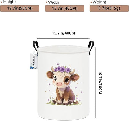 Round Cow Laundry Basket,Collapsible Laundry Hamper for Nursery,Cute Highland Cow Toy Storage Bin for Kids,Waterproof Storage Basket for Home,Bedroom,Playroom,New Parent Gift (Cute calf)