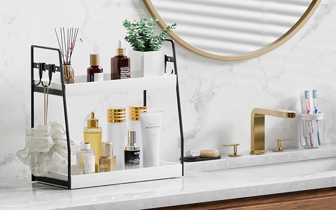 VITVITI 2-Tier Bathroom Organizer Countertop, Wood Bathroom Counter Organizer and Storage, Bathrom Corner Sink Vanity Skincare Organizer Shelf with Hooks, White