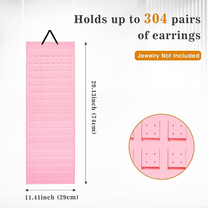 Lolalet Hanging Earring Holder Organizer with 20 Hooks for Women, Earring Organizer Wall Earrings Hanger Pierced Earring Storage, Felt Stud Earring Display, 608 Holes for Earrings - Pink, 1 Pack