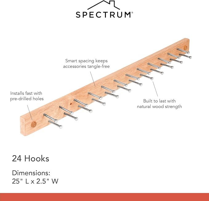 Spectrum Wood Peg Rack for Wall Mount Storage 24 Peg Hanging Tie Belt Scarf Coat Rack Hanger for Closet Organization, Tie and Belt Rack Wall Mounted Wooden Storage Rack Organizer Peg Wall Hooks