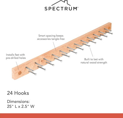 Spectrum Wood Peg Rack for Wall Mount Storage 24 Peg Hanging Tie Belt Scarf Coat Rack Hanger for Closet Organization, Tie and Belt Rack Wall Mounted Wooden Storage Rack Organizer Peg Wall Hooks