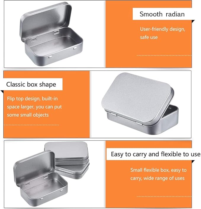 SECALIFE 3Pack Silver Metal Rectangular Hinged Tins Containers Basic Necessities Mini Portable Box Set for DIY Use, Home Organizer