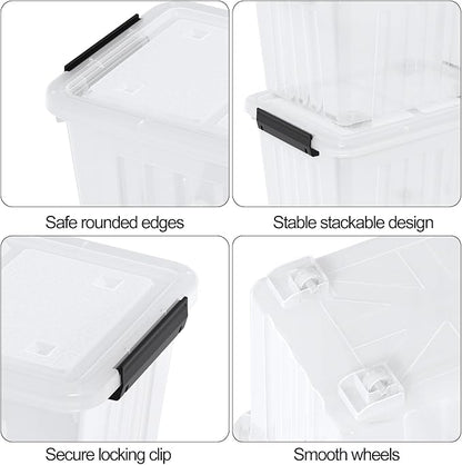 Zopnny 50 Qt Stackable Plastic Storage Bins with Lids, 4 Pack - BPA-Free, See-Through Organizing Solution, Latches, Wheels, Durable Nestable Containers, Clear