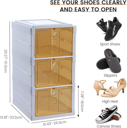 Plastic Shoe Boxes with Lids, Stackable Shoe Boxes Ideal for Kids Men Women, Harder Shoe Storage Boxes, Solid Construction and Quality Appearance, Foldable, Easy Assembly (3 Layer)