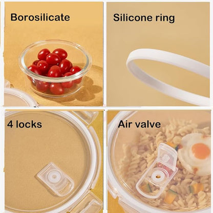 12oz Round Glass Food Containers With Lids, Small Round Glass Meal Prep Containers set,1.5 Cup Small Clear Food Storage Bowls BPA-Free, Microwave, Dishwasher, Freezer Safe（White）