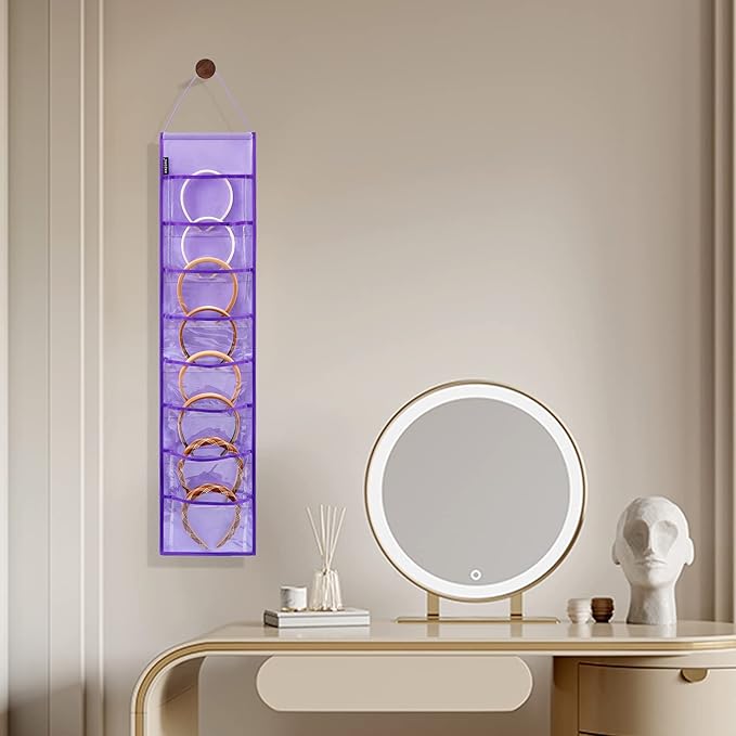 Wall Hanging Headband Organizer Ribbon Hair Hoops Storage Hairbands Hair Accessory Holder with Clear Pockets (PURPLE-8 POCKETS -2 Pack)