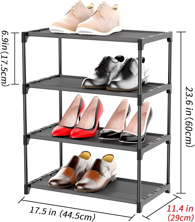 4-Tier Small Shoe Rack Space Saving Shoe Shelf Storage Organizer for Entryway Hallway Closet Bathroom Garage,Stackable Shoe Stand(Black)