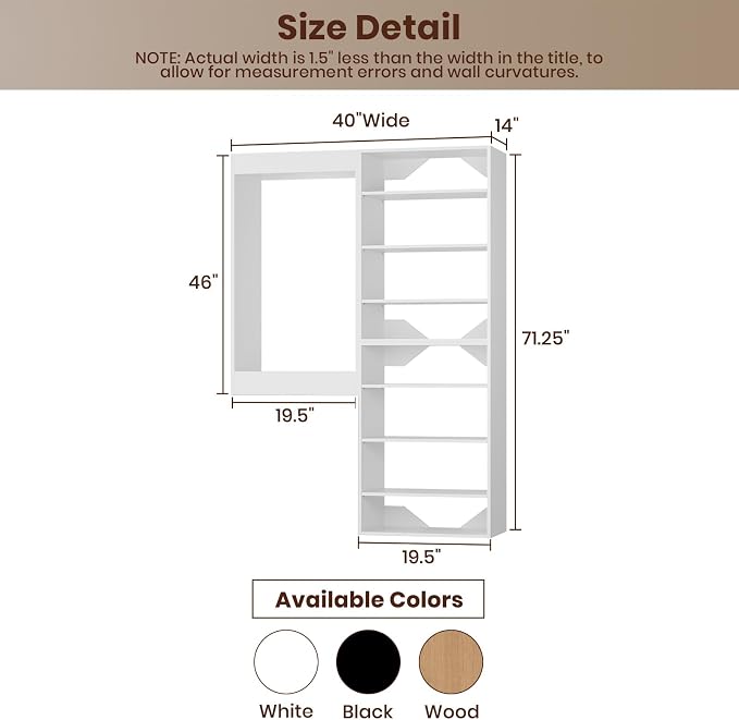 ROOMTEC Modular Closet System, 40" Wall-Mounted Closet Organizer with Hanging Rods and Shelves, Wooden Tower for Walk-In Closets, Wardrobe Storage Kit, White