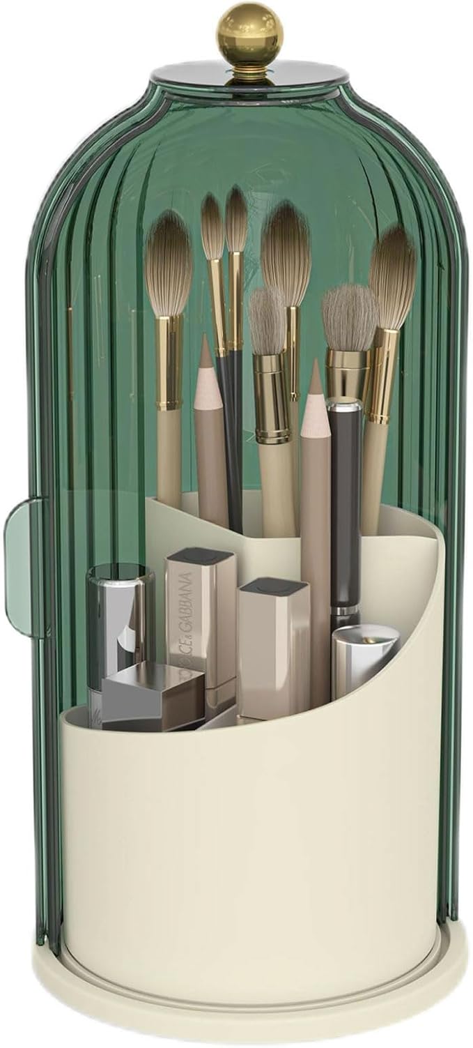 Makeup Brush Holder with Dustproof Cover 360 Rotating Makeup Brush Organizer for Vanity Bathroom, Green