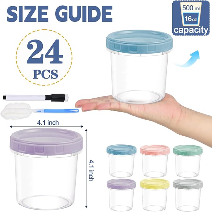 Yomarket 24pcs 16 oz Plastic Deli Containers with Screw Lids, Small Freezer Container Reusable 2 Cup Food Storage Container with Pen & Brush for Snack Salad Fruit, Microwave & Dishwasher Safe BPA Free