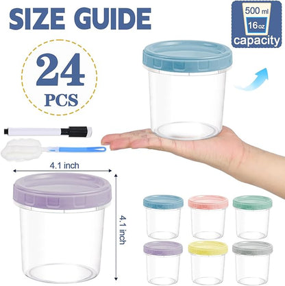 Yomarket 24pcs 16 oz Plastic Deli Containers with Screw Lids, Small Freezer Container Reusable 2 Cup Food Storage Container with Pen & Brush for Snack Salad Fruit, Microwave & Dishwasher Safe BPA Free