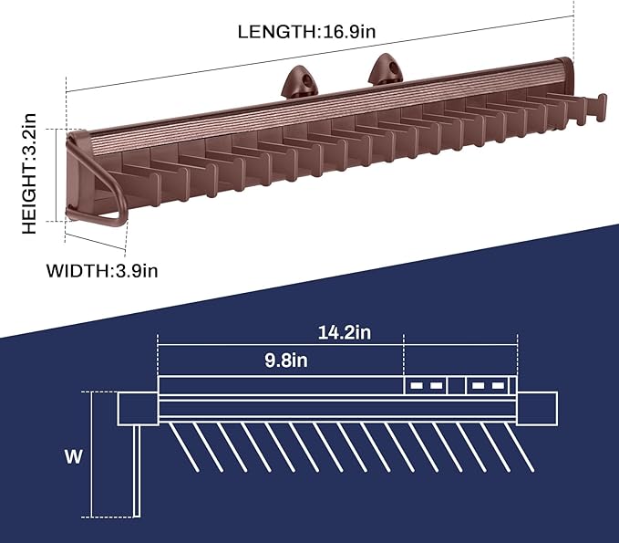 Sliding Tie Racks for Closet, 20 Tie Hanger for Men Pull Out Belt Hanger for Closet Storage Organizer with Slider, Side Mount Closet Holder Rail with 20 Hooks for Scarves Ties Belts(Brown)