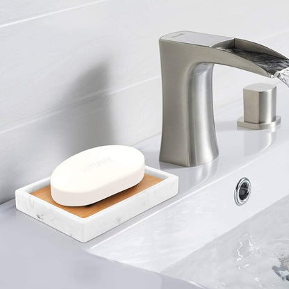 Luxspire Bamboo Soap Dish, Resin Soap Holder with Drainage, Wooden Soap Dish for Shower, Bathroom, Sink, Kitchen and Countertop, Gravel White