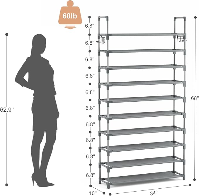 VTRIN 10 Tiers Shoe Rack Tall Large Capacity Wide Shoe Organizer Sturdy Shoe Shelf for Entryway with Two Hooks Metal Shoe Storage for Closet, Bedroom, Grey