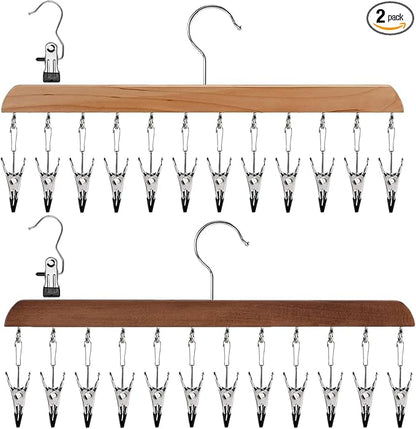 Legging Organizer for Closet-24 Clips Yoga Pants Hangers Space Saving, Wood Hanging Closet Organizers and Storage for Leggings, Jeans, Skirts, Hats, Shorts, Socks - 360° Rotating（2 Pack Vintage+Wood）