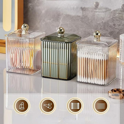 Clear Qtip Holder Dispenser for Cotton Ball and Swab Plastic with Lid Translucent Square Shape Canister Cube Jar for Bathroom Living Room Bedroom Vanity Makeup Organization (Tranparent*2)