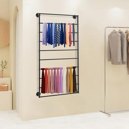 10 Tiers Tie & Scarf Rack, Wall Mounted Scarf Rack, Wall Display Rack, Multifunctional Metal Rack, Towels Storage Rack, Ribbon Holder Wall Display Rack for Accessory Stores Flower Shops (Black)