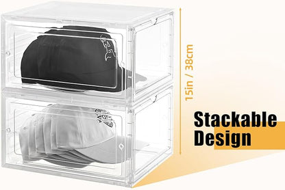 Hat Organizer Box,Stackable Baseball Caps Holder Box Containers with Magnetic Door for Hats Snapback Cap Storag,Clear Hat Storage with Magnetic Door, Holds 8 Hats Each (clear, 1 pack)