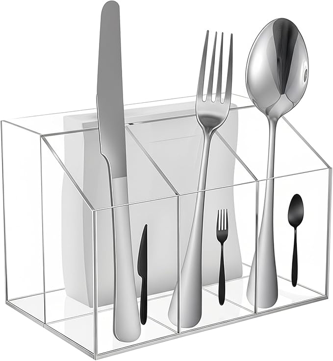 Lemecima Acrylic Utensil Holder Silverware Caddy Countertop Cutlery Plastic Organizer For Napkins Flatware Spoon Fork Knife, Space-Saving, For Buffet, Picnic Party