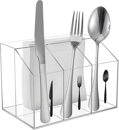 Lemecima Acrylic Utensil Holder Silverware Caddy Countertop Cutlery Plastic Organizer For Napkins Flatware Spoon Fork Knife, Space-Saving, For Buffet, Picnic Party