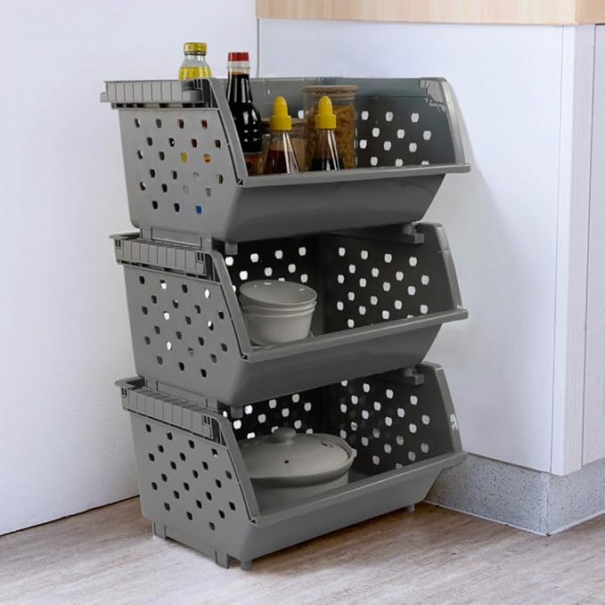 Begale 3-Pack Gray Plastic Stackable Detachable Storage Bin, Organizer Stacking Basket