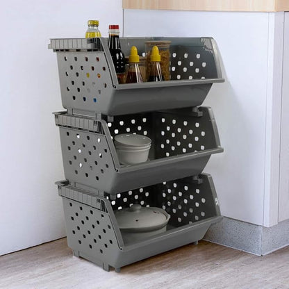 Begale 3-Pack Gray Plastic Stackable Detachable Storage Bin, Organizer Stacking Basket