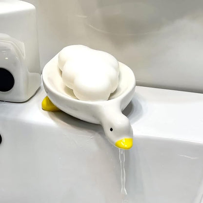 Cute Duck Ceramic Soap Dish with Drainage, Self-Draining, Non-Slip & Easy - Clean, Ceramic Soap Holder for Bathroom Kitchen, Ideal for Soap Sponge, Trinkets, Bathroom Decor Gift