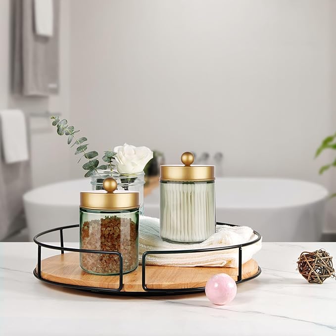 Amolliar Sage Green Apothecary Glass Jar With Metal Lid & Stickers, Bathroom Qtip Holder Storage Canister, Farmhouse Decor for Cotton Balls, Cotton Swabs, Round Pads, Bath Salt, Floss,Gold 4 Pack