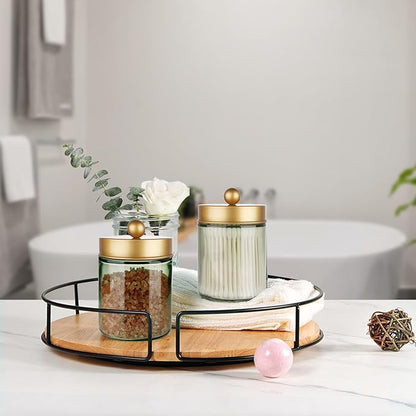 Amolliar Sage Green Apothecary Glass Jar With Metal Lid & Stickers, Bathroom Qtip Holder Storage Canister, Farmhouse Decor for Cotton Balls, Cotton Swabs, Round Pads, Bath Salt, Floss,Gold 4 Pack