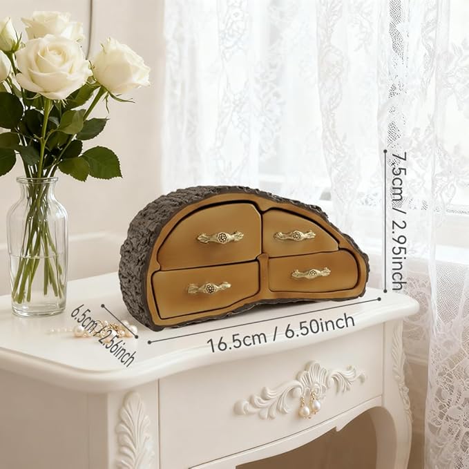 Tree Stump Jewelry Organizer Resin Jewelry Box, 4 Grids Jewelry Holder for Girls Women Wife Mom,Unique Jewelry Organizers for Rings Necklaces Earrings Bracelets