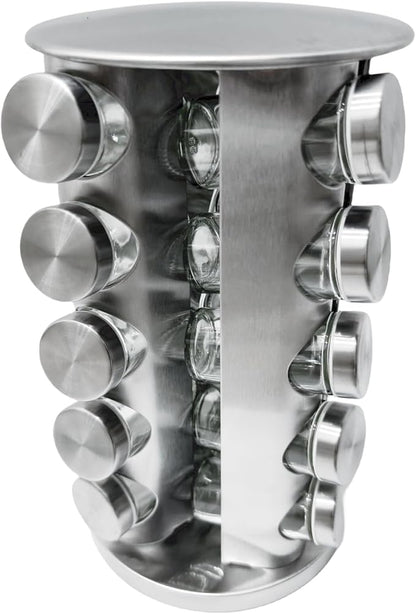 Revolving Spice Rack with 20 Jars, Rotating Spice Rack Organizer with Labels, Polished Stainless Steel with Black Caps, Stainless Steel Spice Carousel for Kitchen Countertop, Cabinet