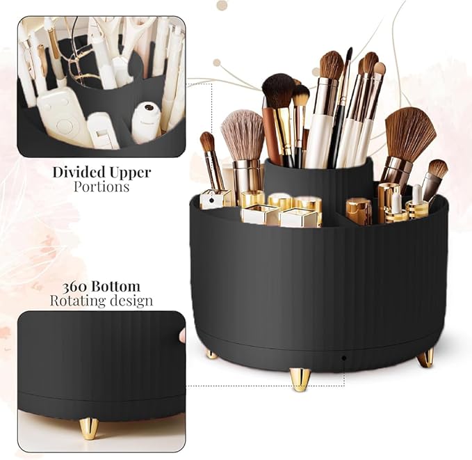 WILL OAK Makeup Brush Organizer - Large Compartment Cosmetic Organizer -Eyeliner, Nail Polish,Art Supply, Bathroom Vanity Desktop Organizer (Black)