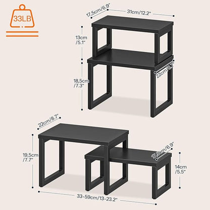 HOOBRO Cabinet Organizer Shelf, Set of 4 Kitchen Counter Shelves, Expandable Kitchen Storage, Stackable Spice Rack, for Kitchen, Countertop, Office Desk, Living Room, Black BK20TLP201