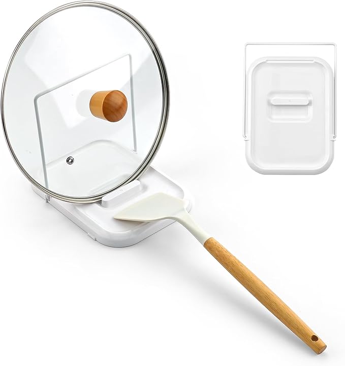 Pot Lid Holder with Spoon Rest for Stove Top and Kitchen Counter, Foldable Pot Lid Organizer with Non-Slip Pads for Lids, Spoons and Spatulas, White