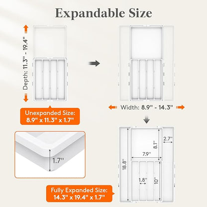 Lifewit Silverware Drawer Organizer, Expandable Utensil Tray for Kitchen, BPA Free Flatware and Cutlery Holder, Adjustable Plastic Storage for Spoons Forks Knives, 4-7 Slots, White