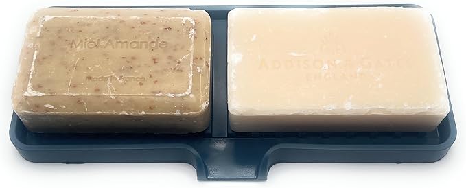 Silicone Soap Dish Tray and Sponge Holder with Drain Chute, Rectangular, Kitchen and Bathroom Sink Organizer (Smoky Blue, 9"x3.5")