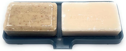 Silicone Soap Dish Tray and Sponge Holder with Drain Chute, Rectangular, Kitchen and Bathroom Sink Organizer (Smoky Blue, 9"x3.5")