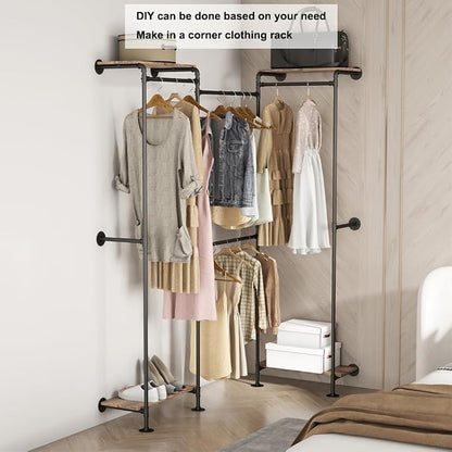 KaKaBB Industrial Pipe Clothing Rack, Wall Mounted Clothing Rack for Hanging Clothes, Adjustable L Shape Corner Clothes Rack with Shelves, Closet System for Walk in Closets(BLACK)