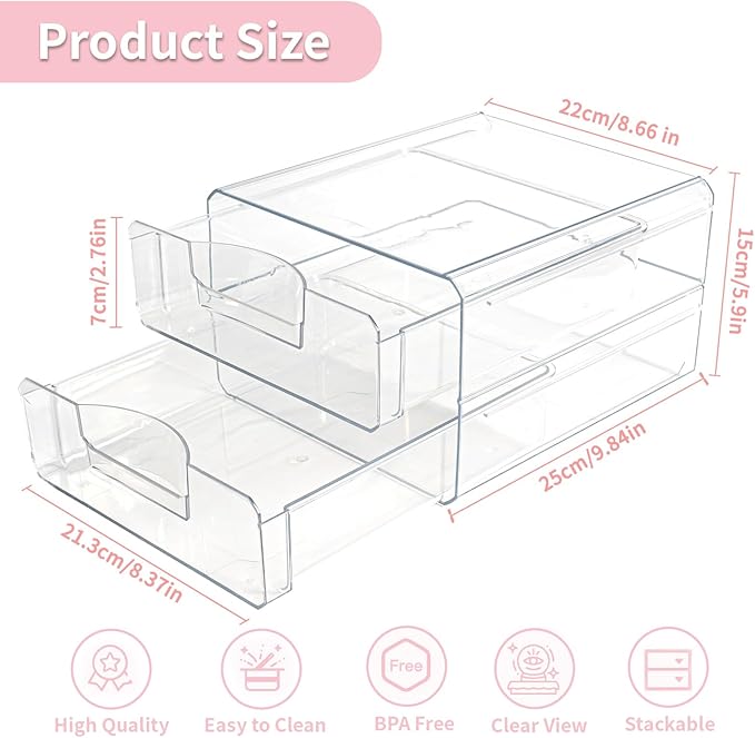 Clear Stackable Storage Drawers,Acrylic Makeup Drawer Organizer with 2 Drawers,Stackable Storage Bins for Skincare,Cosmetics,Beauty Supplies,for Vanity,Bathroom,Kitchen Countertop,Pantry Organization