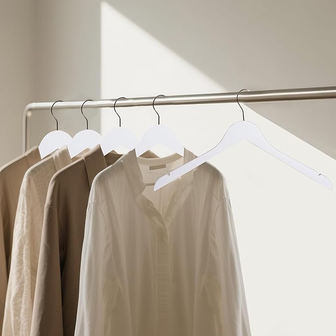 Premium Wooden Top Hangers, Heavy Duty Solid Wood Suit Hangers with 360° Swivel Hook & Anti-Slip Notches, Durable Clothes Hangers for Jackets, Coats, Shirts & Dresses(White/72-Pack)