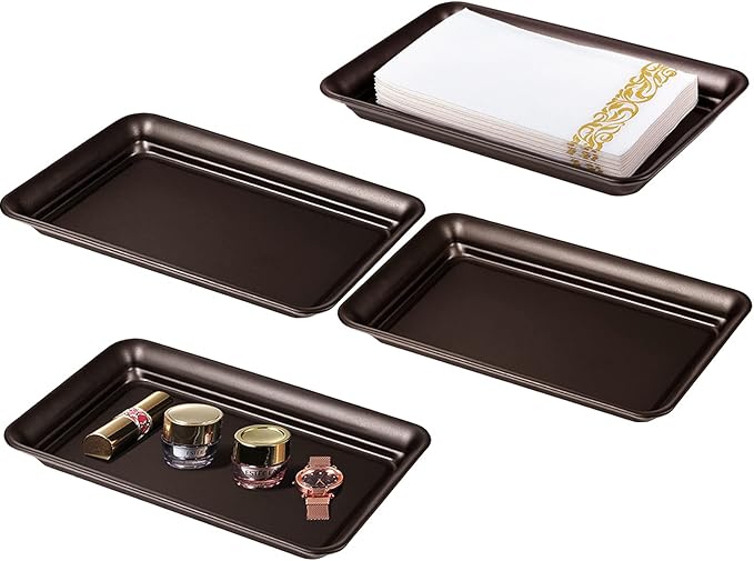Vintage Farmhouse Decor Metal Vanity Tray (4 Pack), Countertop Guest Hand Towel Paper Storage Organizer Tray Dispenser, Sturdy Holder for Perfume,Cosmetics, Jewelry, Makeup Bathroom Organizer (Bronze)