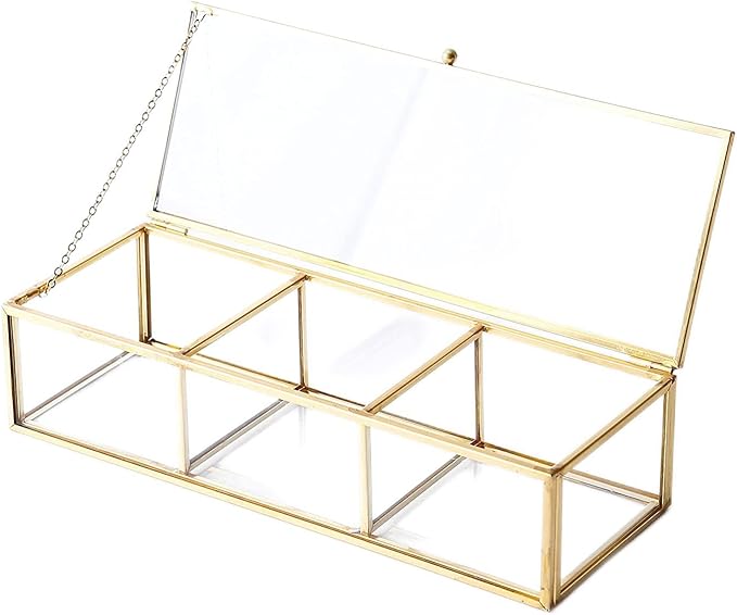 Vintage Golden Glass Lidded Box Clear Glass & Brass Metal Storage Jewelry and Cosmetic Makeup Organizer with Lid Beauty Display, Rectangle with 3 Compartment