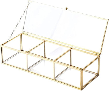 Vintage Golden Glass Lidded Box Clear Glass & Brass Metal Storage Jewelry and Cosmetic Makeup Organizer with Lid Beauty Display, Rectangle with 3 Compartment