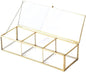 Vintage Golden Glass Lidded Box Clear Glass & Brass Metal Storage Jewelry and Cosmetic Makeup Organizer with Lid Beauty Display, Rectangle with 3 Compartment