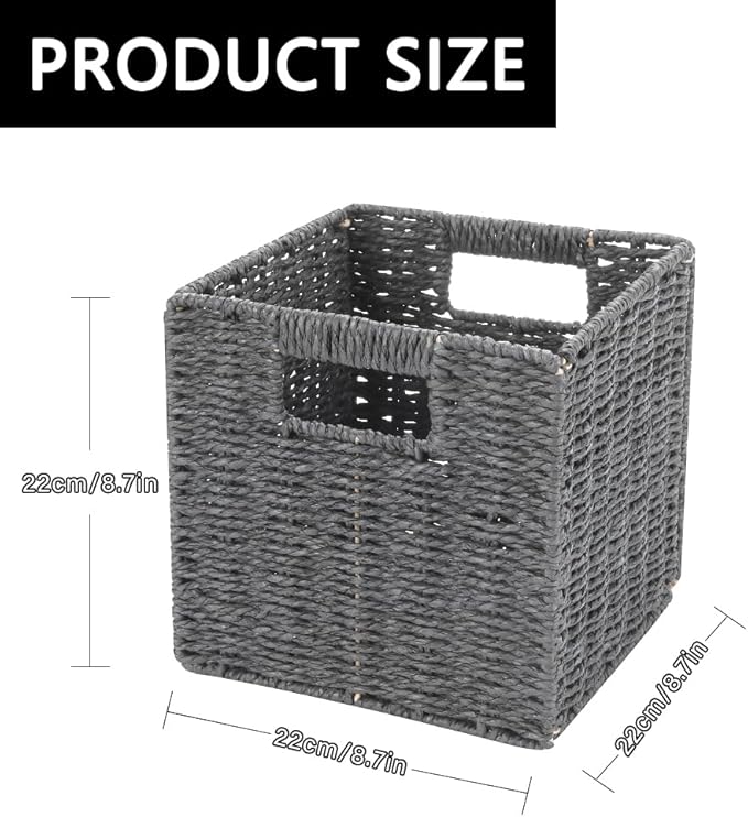 6 Pack 8.7 Inch Wicker Baskets, Hand Woven Paper Rope Storage Baskets, Foldable Cube Storage Bins Organizer Square Wicker Cubes for Shelves Pantry Organizing & Decor (Gray)